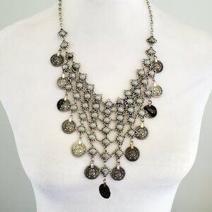 Vtg Boho Coin Bib Necklace Rustic Silver Statement Necklace Costume Jewellery